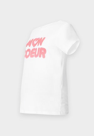 Bela bomba majica iz bombaža z roza črtastim napisom "MON COEUR," okroglo izrezom in kratkimi rokavi.