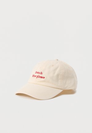 Beige baseball cap with red embroidered text reading "french fries please" on the front panel against a plain background.
