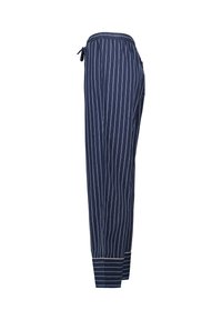 Navy blue striped pants with a relaxed fit, drawstring waistband, and contrast cuff detailing, made from lightweight fabric.
