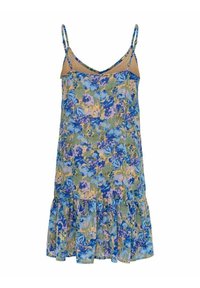 Blumenkleid mit hellblauen, grünen und sanften rosa Mustern; verfügt über verstellbare Spaghetti-Träger und einen Rüschensaum. Leichtes Material.