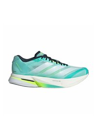 Lightweight running shoe with a mint green upper, black accents, and white sole. Features mesh texture and prominent three stripes design.
