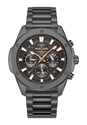 Musta metallinen Police-chronograph-kello ruusukultaisilla yksityiskohdilla, kolmella apunäytöllä, voimakkailla tuntimerkinnöillä ja kellotaulun teksturoidulla maapallokuvioinnilla.