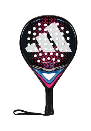 Zwarte en roze paddle met een gestructureerd oppervlak, voorzien van witte gaten en een opvallend wit logo. Versterkte grip met polsbandje.