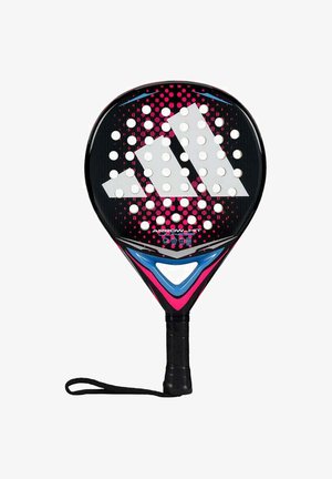 Black and pink paddle with a textured surface, featuring white holes and a prominent white logo. Reinforced grip with a wrist strap.