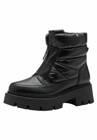 Botas negras hasta el tobillo con una parte superior de acolchado, piel lisa en la punta y suela de goma gruesa. Incluyen un cierre lateral con cremallera.