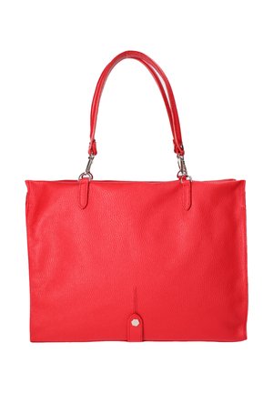 Rote Leder-Handtasche mit strukturierter Oberfläche, zwei Schulterriemen und einem kleinen sechseckigen silbernen Verschlussdetail vorne.