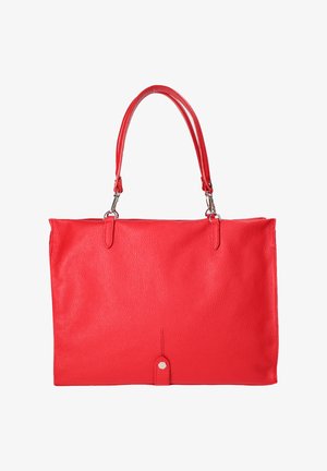 Rode getextureerde leren handtas met twee schouderbanden en een klein zeshoekig zilveren sluitdetail aan de voorkant.