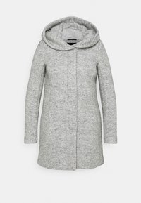 Grå ullkappa med stor huva, enkelknäppt stängning och långa ärmar. Har en mjuk textur och enkel, minimalistisk design.