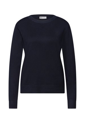 Suéter azul marino hecho de material de punto suave, con escote redondo, mangas largas y dobladillo y puños acanalados. Diseño minimalista.