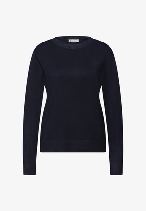 Suéter azul marino hecho de material de punto suave, con escote redondo, mangas largas y dobladillo y puños acanalados. Diseño minimalista.