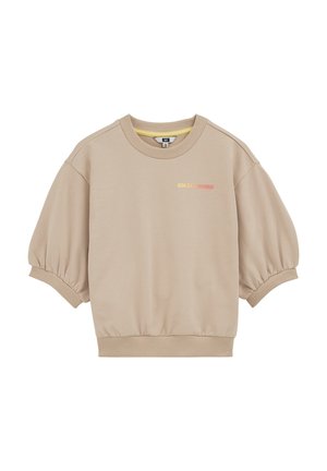 Béžová bavlnená mikina s krátkymi nariasenými rukávmi, rebrovaným výstrihom a lemom, s potlačou "GOLDEN" v prechodových farbách.