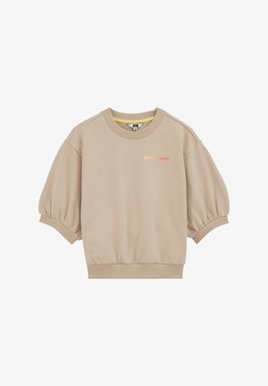 Bež bombažni pulover s kratkimi napihnjenimi rokavi, rebrastim izrezom in spodnjim robom, z natisnjenim napisom "GOLDEN" v gradientnih barvah.