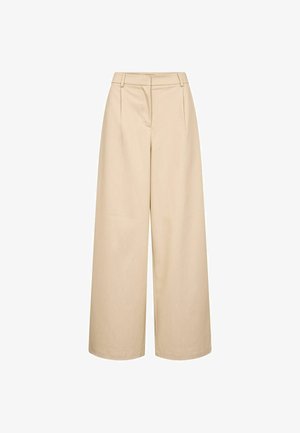 Bež široke hlače s visokim strukom, prorezima za remen, nabranim detaljima sprijeda i skrivenim patentnim zatvaračem.