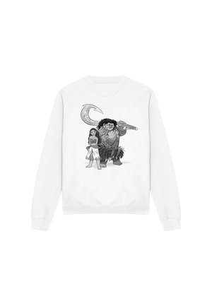 White sweatshirt featuring a black and white graphic of two characters, one with curly hair wielding a large hook and the other in traditional attire.