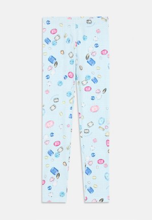 Leggings de color azul claro con un vibrante patrón de joyas en tonos rosas, azules y dorados; textura suave y ajuste ceñido.