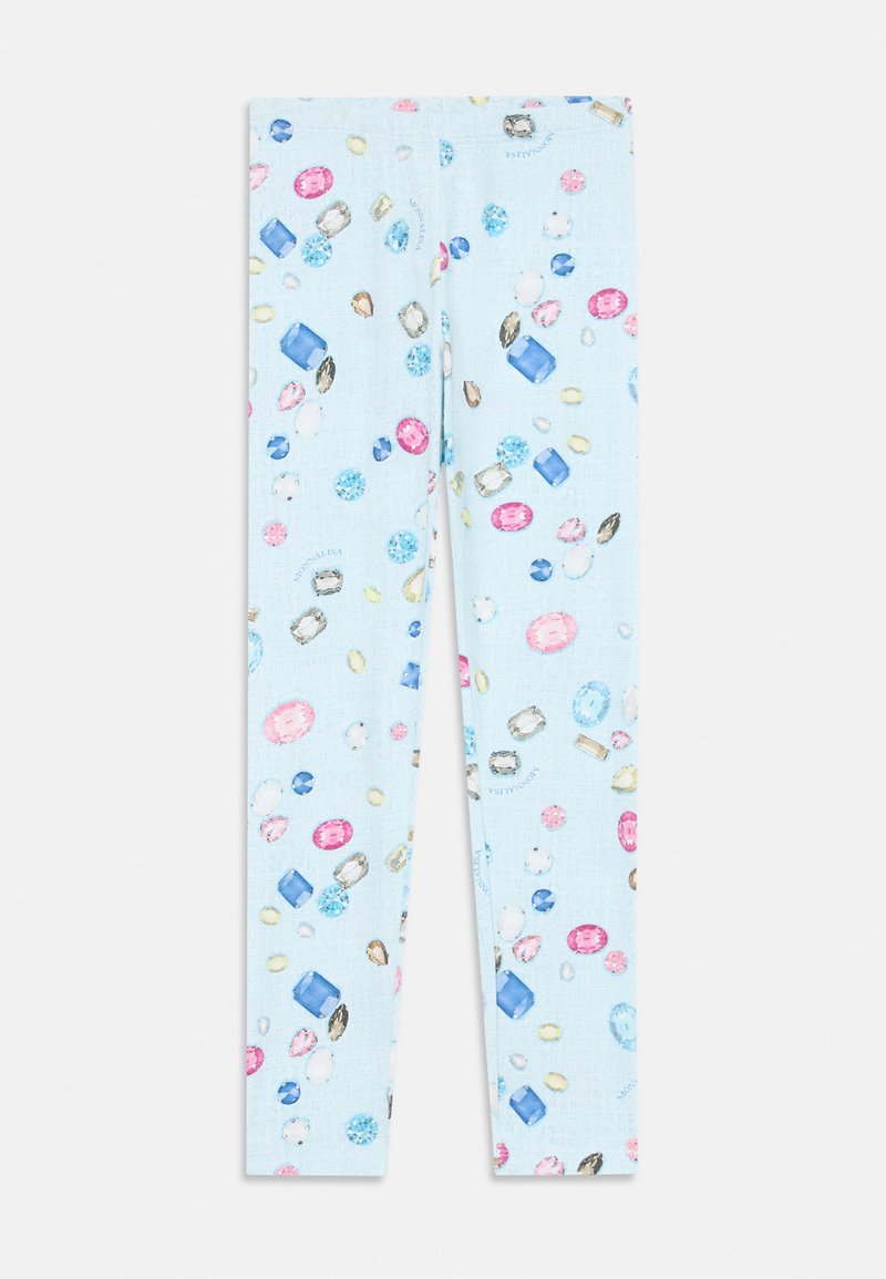 Lyseblå leggings med et levende juvelmønster i rosa, blå og gulltoner; glatt tekstur og tettsittende passform.