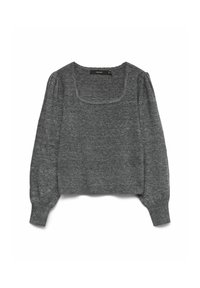 Grauer gestrickter Pullover mit langen Puffärmeln und quadratischem Ausschnitt. Weiche Textur, verkürztes Design und keine sichtbaren Beschläge oder Muster.