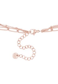Bracelet en or rose avec chaînes liées, fermoir à ressort et chaîne d'extension réglable avec une étiquette circulaire pour le détail.