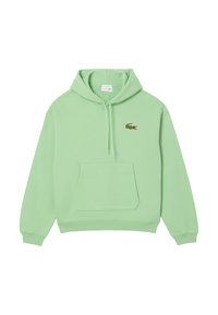 Felpa verde menta realizzata in morbido tessuto, con tasca a marsupio, cappuccio con coulisse e un piccolo logo ricamato a forma di coccodrillo sul petto.