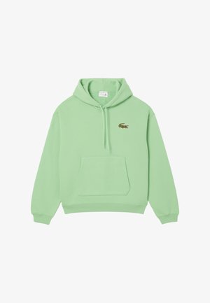 Sudadera verde menta hecha de tela suave, con un bolsillo canguro, capucha con cordón y un pequeño logo bordado de cocodrilo en el pecho.