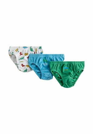 Trzy majtki dla malucha w białym kolorze z wielokolorowymi dinozaurami, niebieskie z zielonym dinozaurem i napisem „ROAR” oraz zielone z niebieskim dinozaurem i napisem „ROAR”.
