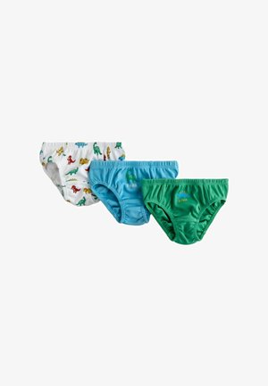 Tres braguitas para niño pequeño en blanco con dinosaurios multicolor, azul con un dinosaurio verde y el texto "ROAR", y verde con un dinosaurio azul y el texto "ROAR".