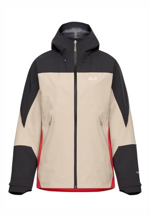 Giacca impermeabile da uomo, beige con dettagli neri e rossi. Presenta un cappuccio, tasche con cerniera e polsini regolabili. Tessuto liscio e resistente.