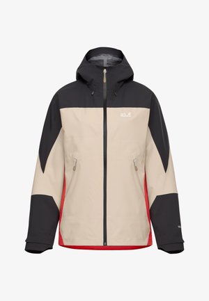 Heren waterdichte jas, beige met zwarte en rode accenten. Voorzien van een capuchon, ritszakken en verstelbare manchetten. Soepele, duurzame stof.