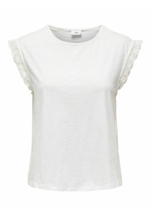 White t-shirt made of soft fabric, featuring short sleeves with lace trim and a round neckline. Simple design with no patterns.