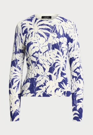 Hvit strikket genser med et blått blomsterdesign, ribbet hals og mansjetter, lange ermer og en tettsittende silhuett.