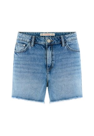 Blauwe denimshorts met versleten zoom, knoop- en ritsluiting, riemlussen en voor- en muntzakjes, met een Guess-label aan de binnenkant.