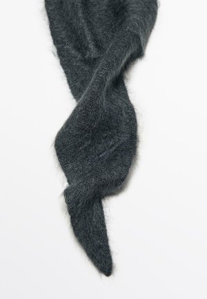 Soft, textured dark gray scarf with a flowing, elongated design and a tapered end, showcasing a fuzzy material and gentle drape.