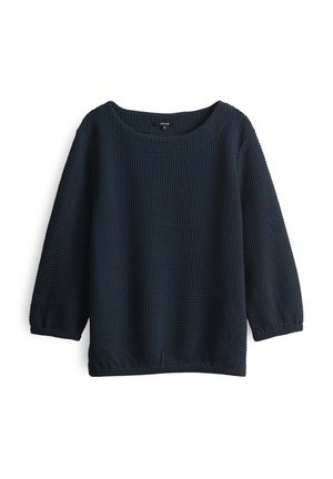 Marineblaues Langarmoberteil mit strukturiertem Waffelstrickmuster, Rundhalsausschnitt und elastischem Saum. Lässige Passform, geeignet zum Layering.