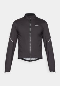 Schwarze, leichte Radfahrjacke mit langen Ärmeln, hohem Kragen, Frontreißverschluss und reflektierenden Akzenten an den Ärmeln. Glattes, strukturiertes Material.