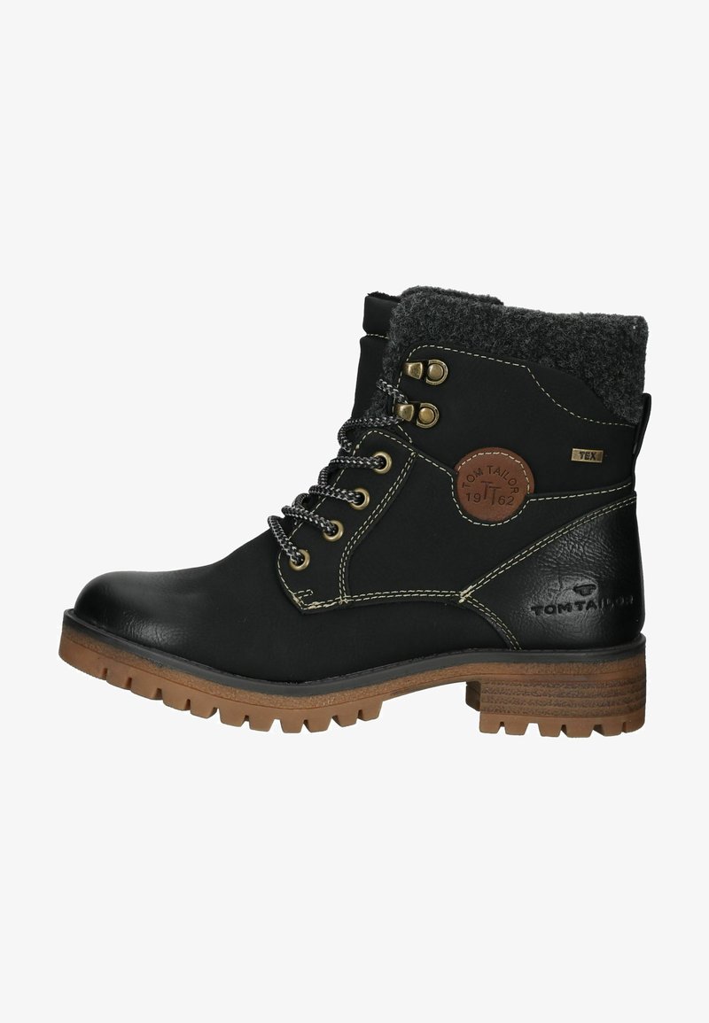 Black leather ankle boot with textured gray collar, metal hardware accents, round toe, and rugged rubber sole. Features lace-up front and logo.