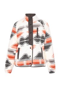 Giacca in pile con una base bianca caratterizzata da un motivo zigzag multicolore in arancione, grigio e nero; include una tasca con zip e chiusura a bottone.