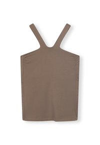 Top a canottiera marrone con spalline larghe, realizzato in materiale morbido; presenta arricciature laterali e un sottile dettaglio testuale su un lato.