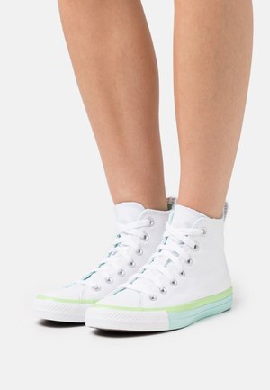 Hvide high-top sneakers med grønt og blåt stribet sål, båret på bare ben mod en hvid baggrund.