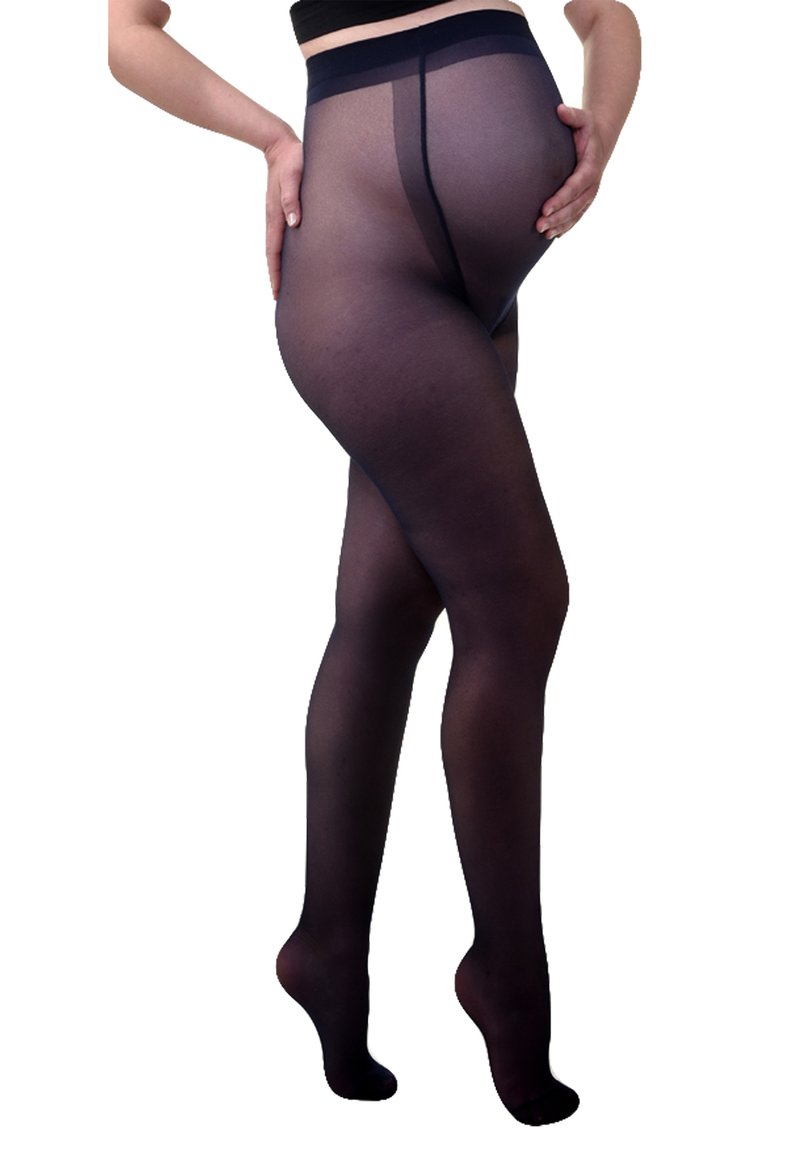Collants de maternité en noir transparent, avec une texture lisse et extensible et une large ceinture pour un soutien, dotés de zones de orteils et de talons renforcées.