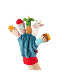 Brightly colored hand puppet glove with soft fabric featuring five characters: a dragon, unicorn, princess, and two crowns. Blue and red base.