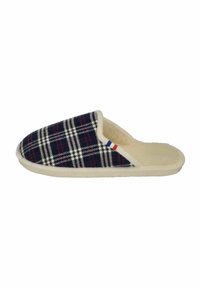 Checkered slipper with navy, red, and white pattern; soft interior; open back design; textured sole; minimal stitching visible.