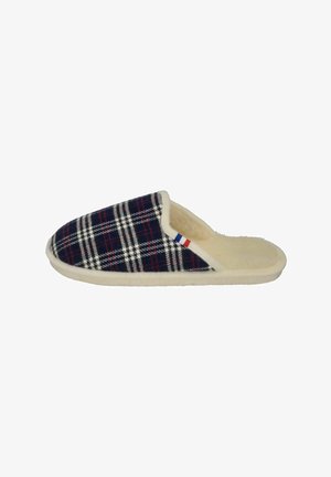 Checkered slipper with navy, red, and white pattern; soft interior; open back design; textured sole; minimal stitching visible.