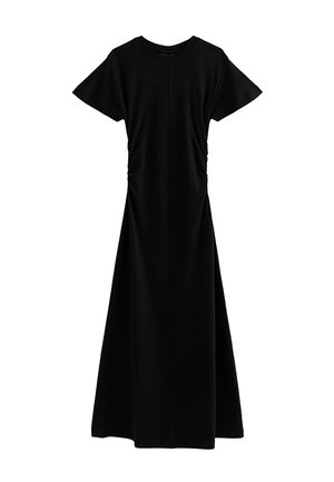 Vestido largo negro de manga corta con escote redondo y fruncido sutil en el lateral sobre un fondo blanco liso.