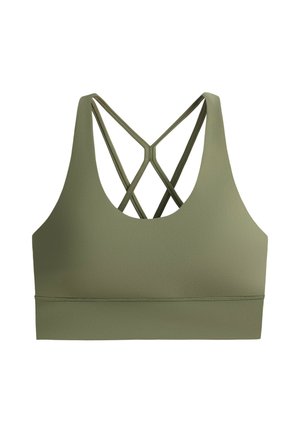 Brassière de sport vert olive avec encolure arrondie et doubles bretelles croisées dans le dos, design sans coutures et taille élastique.