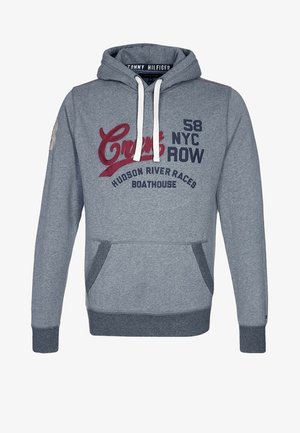 Sudadera gris con capucha hecha de mezcla de algodón; cuenta con bolsillo frontal, cordones blancos y gráficos en azul marino: "58 NYC ROW" y "Hudson River Races Boathouse."