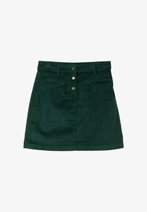 Jupe en velours côtelé vert avec une coupe droite, fermeture à cinq boutons à l'avant, deux poches latérales et une texture côtelée subtile.