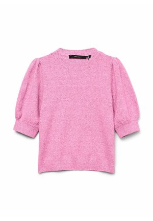 Krótki różowy sweter o teksturowym wykończeniu, okrągłym dekolcie i bufiaste krótkie rękawy. Wykonany z dziane materiału, z prążkowanymi mankietami.