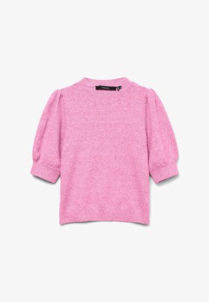 Short pink sweater with a textured finish, round neckline, and puffed short sleeves. Made from knit fabric, featuring ribbed cuffs.