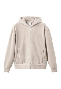 Felpa con zip beige realizzata in tessuto texturizzato, dotata di un cappuccio ampio, due tasche frontali e polsini a coste. Design semplice, superficie liscia.