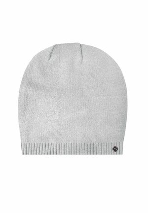 Light gray knit beanie hat with a ribbed cuff. Features a smooth, textured finish and a small logo tag on the side.